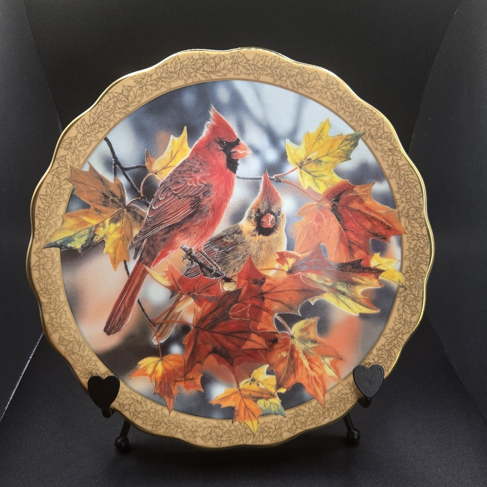 Decorative Plate with Cardinals and Autumn Leaves Vintage Antique